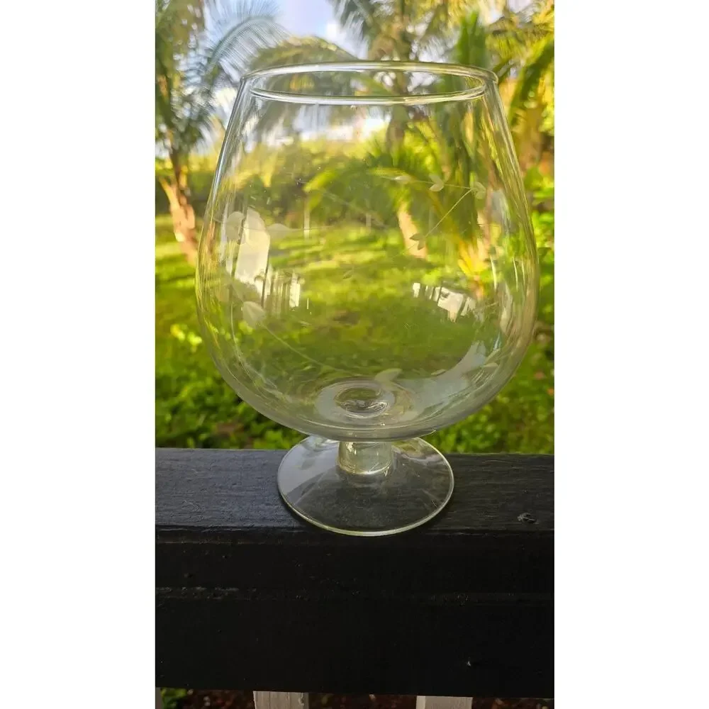 Vintage Princess House Large Snifter Glass Etched Leaf Vine Pattern Decorative